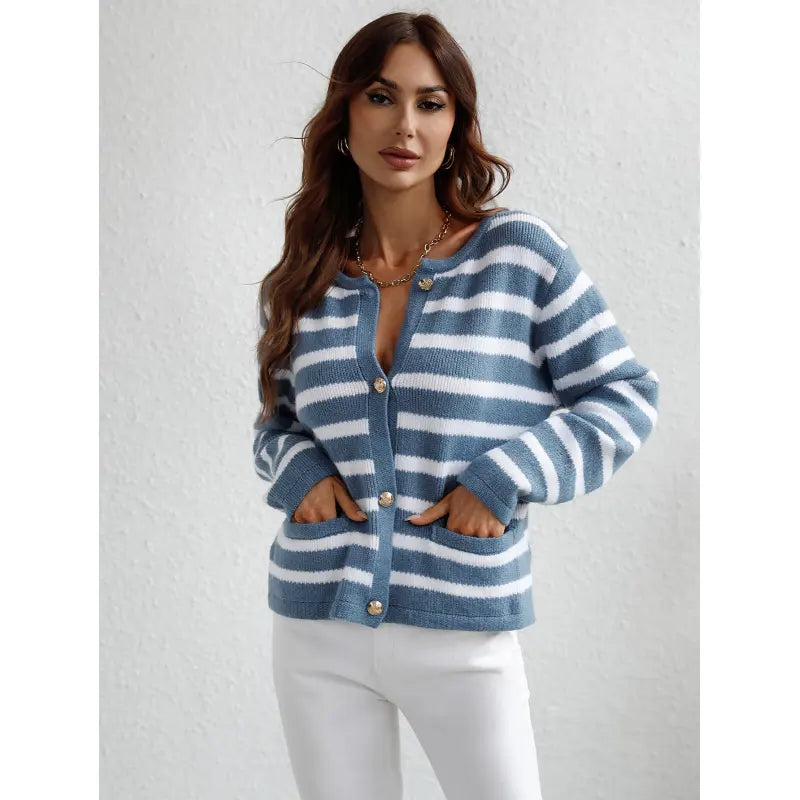 Women's striped button-up cardigan for a classic casual look