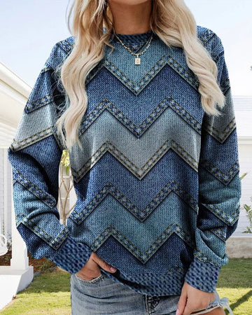 Women’s Pullover – Relaxed Fit – Denim Look – Zigzag Pattern – Long Sleeve Casual Wear