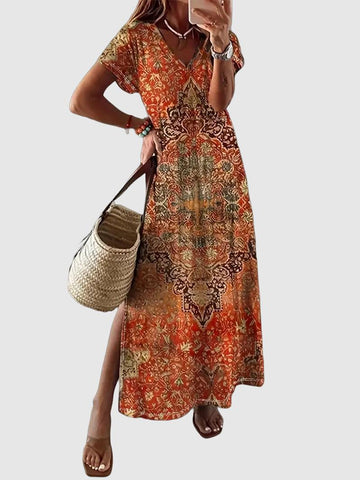 Victoria - orange boho printed casual dress