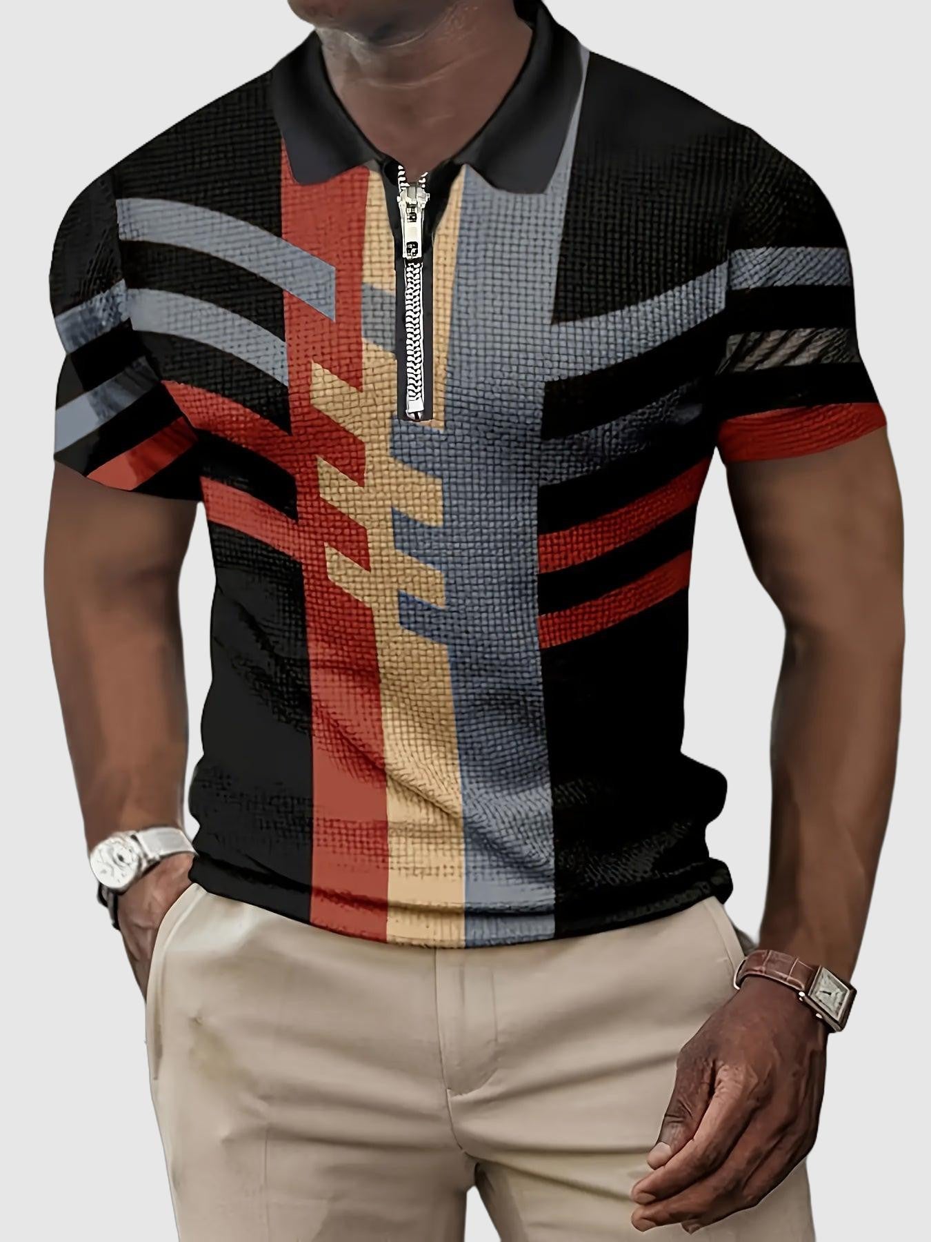 Stylish color block short sleeve zip up shirt for men