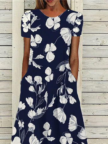 Women's A-Line Dress - Short Sleeve - Round Neck - Floral Print - Knee Length - With Pockets