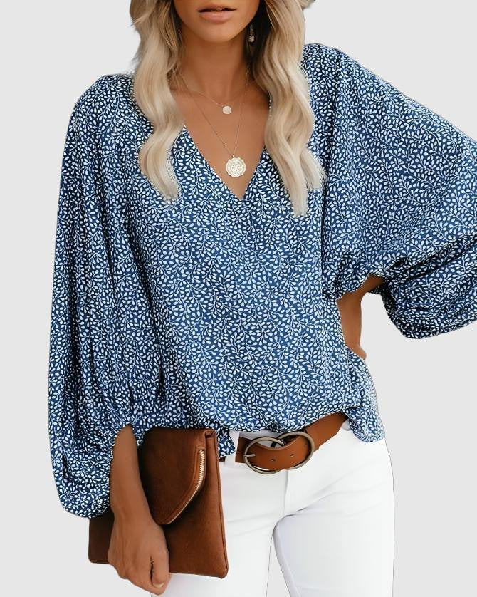 Women's casual V-neck printed shirt with lantern sleeves