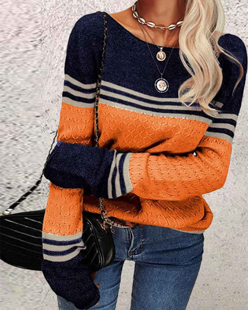 Long sleeves round neck striped women's sweater