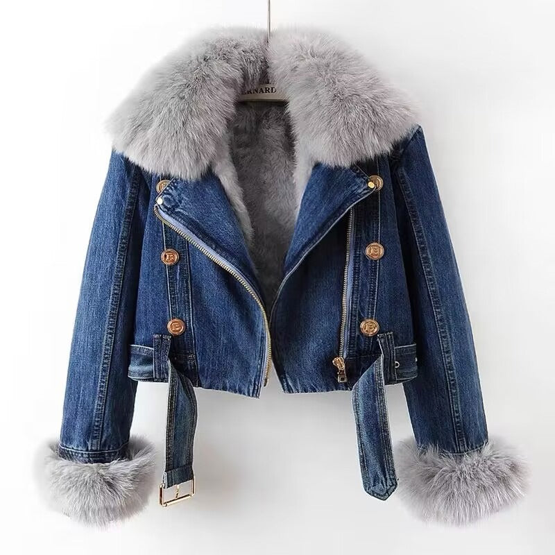 Women's denim jacket with faux fur collar and cuffs