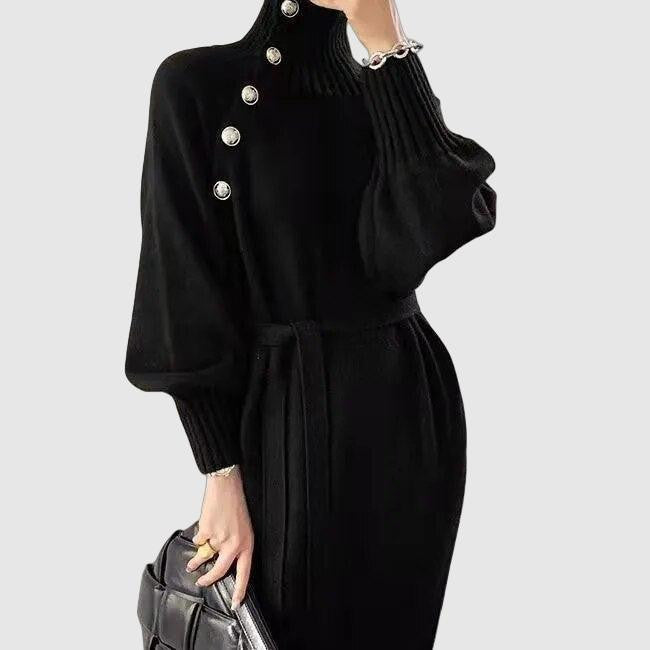 Women's Sweater Dress - Ribbed High Neck - Batwing Sleeves - Belted Waist - Knit Fabric