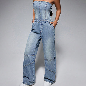 Women's off-the-shoulder denim jumpsuit with cargo pockets