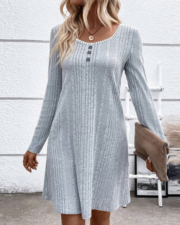 Women’s Knit Dress - Ribbed Fabric - A-Line Relaxed Fit - Scoop Neck - Long Sleeve