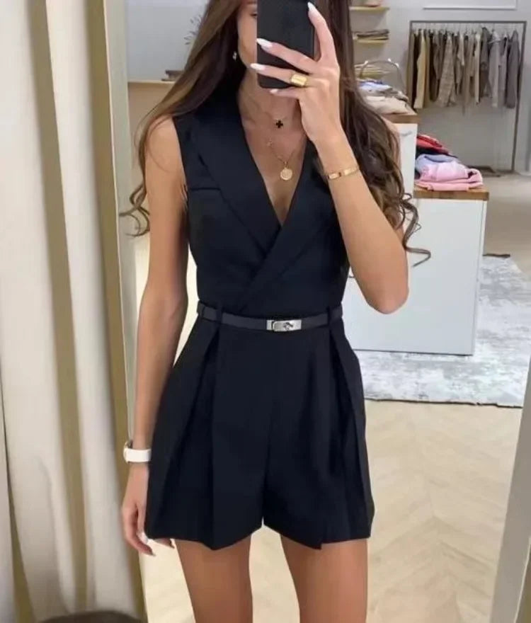 Women's sleeveless belted romper