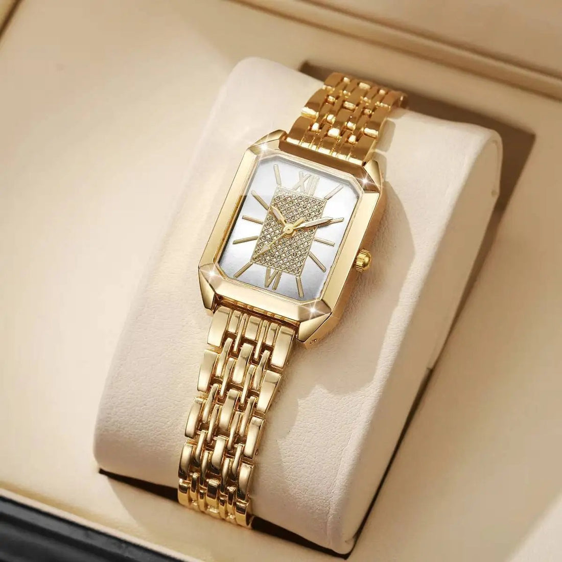 Isla Rectangular Case Faceted Bezel Wristwatch | Textured Dial Wristwatch