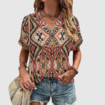 Women's short sleeve v neck top with tribal pattern