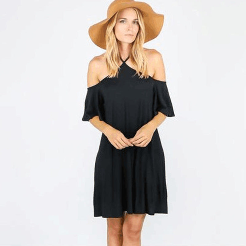 Women's Cold Shoulder Halter Dress - Flared Sleeves - Casual Fit