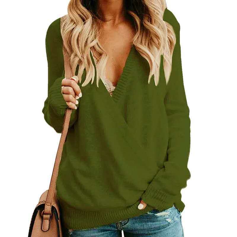 Women’s Wrap Sweater – Knitted Fabric – Deep V-Neck – Relaxed Fit – Long Sleeve