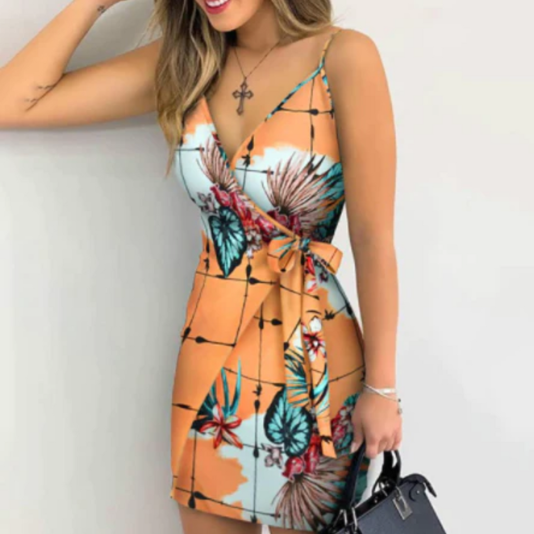 Women's V-Neck Wrap Dress - Sleeveless Spaghetti Strap - Floral Print Lightweight