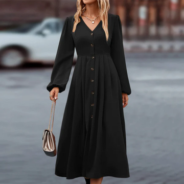 Women's Long-Sleeve Button-Down Dress - V-Neck - Fitted Bodice - Flowing Midi Length