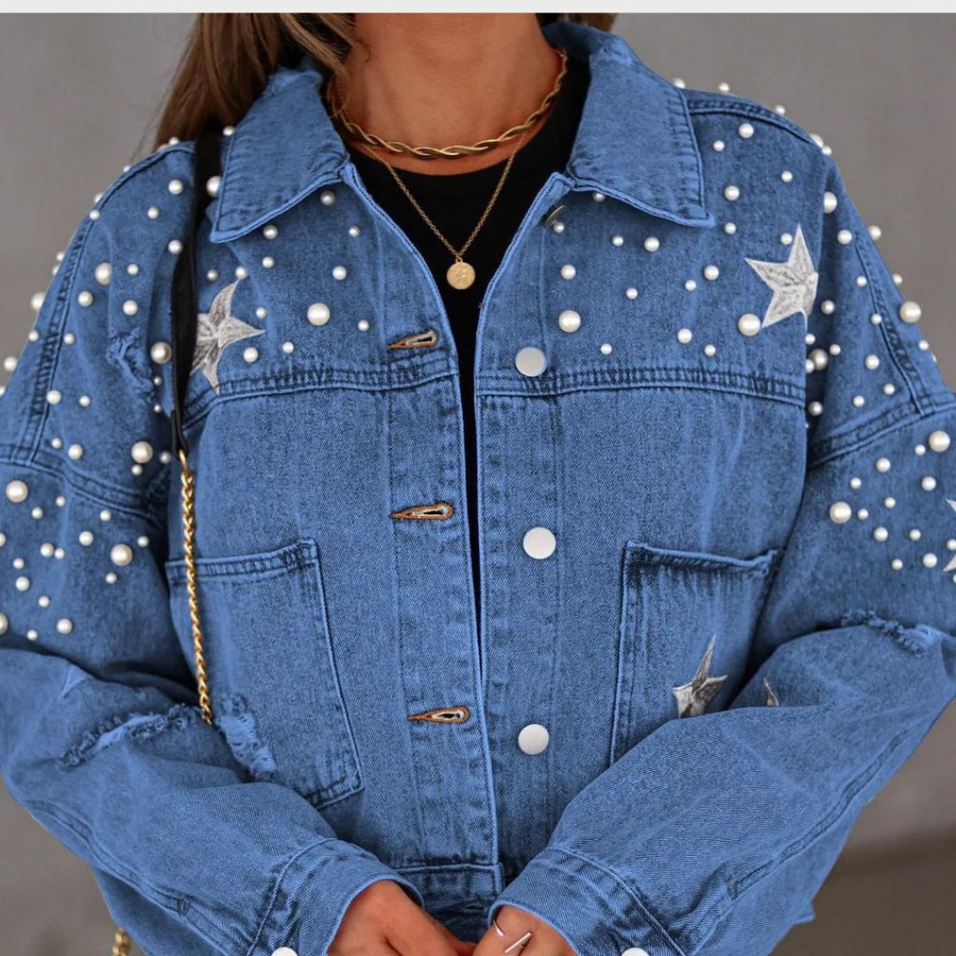 Women's pearl-embellished denim jacket for a statement look