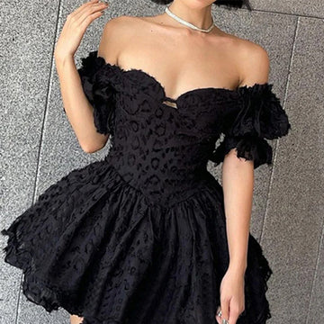 Women's Off-Shoulder Mini Dress - Sweetheart Neckline - Puffy Ruffled Sleeves - Flared Skirt