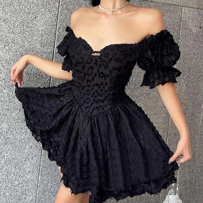 Women's Off-Shoulder Mini Dress - Sweetheart Neckline - Puffy Ruffled Sleeves - Flared Skirt