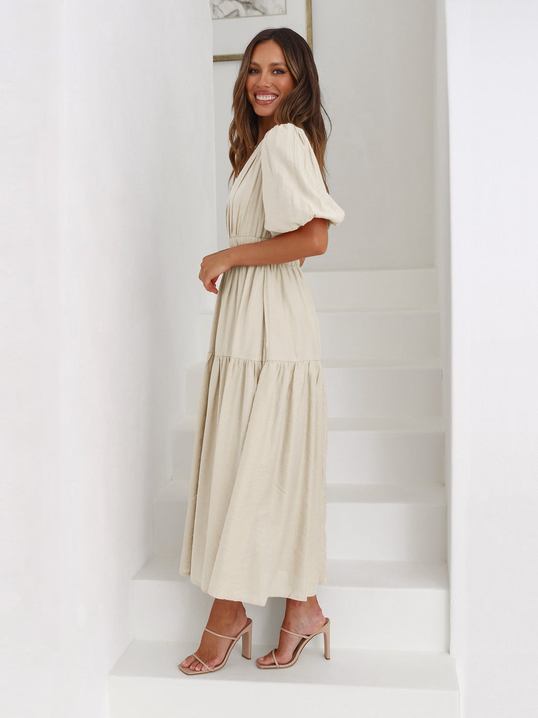 Women's Maxi Dress - Wrap V-Neck - Puff Sleeve - Elastic Waist - High Slit Elegant Fit