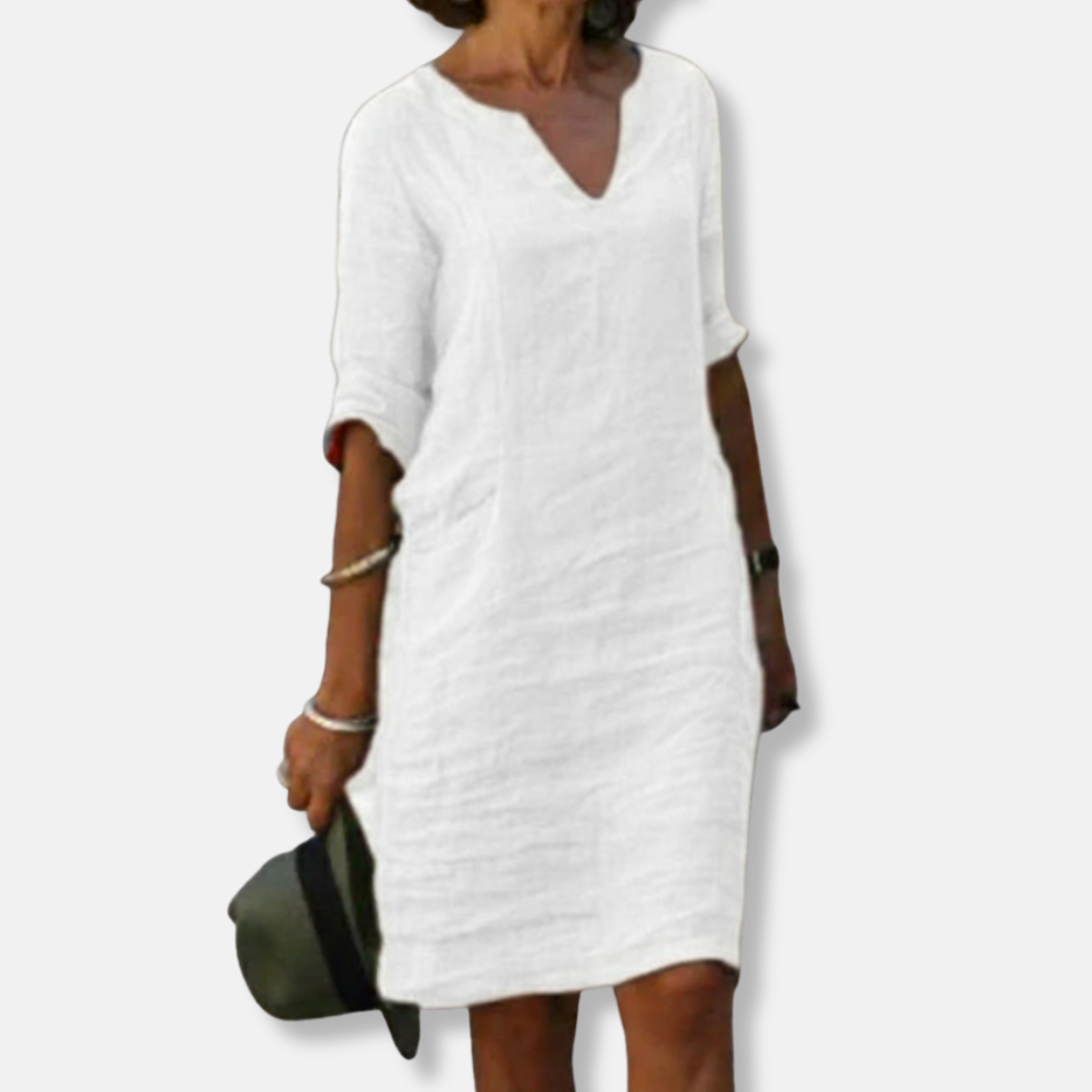 Women's Knee-Length Dress - Lightweight Cotton Blend - V-Neck - Relaxed Fit - Mid Sleeves