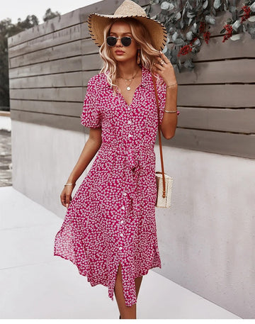 Women's Wrap Dress - Floral Print - V-Neck - Short Puff Sleeves - Tie Waist