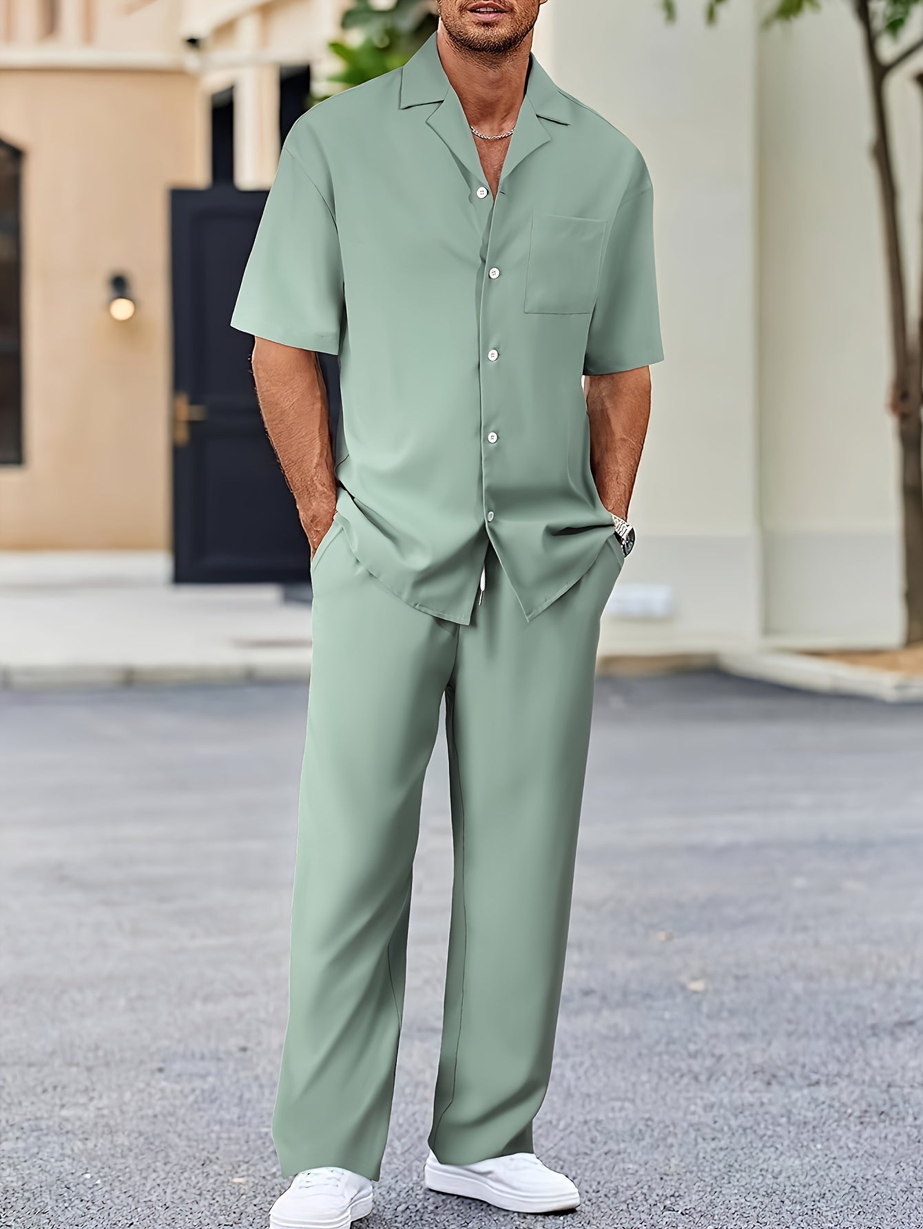 Casual suit inspired short sleeve shirt men set