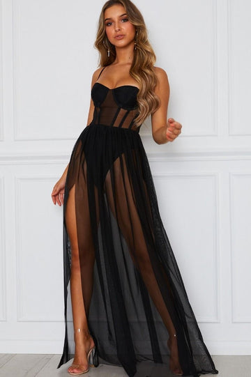 Women's Gown - Sheer Maxi Skirt - Bustier Bodice with Structured Cups - Elegant Evening Wear