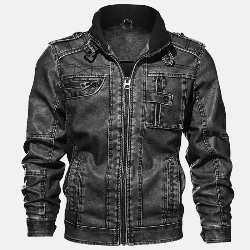 Men’s Leather Jacket – Tailored Fit – Stand Collar – Zipper Front – Chest Zip Pocket