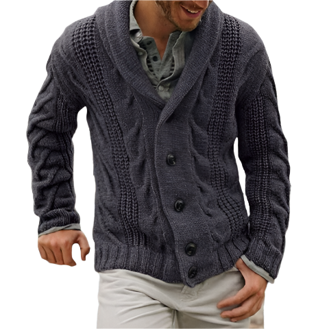 Men's Charcoal Cable-Knit Shawl Collar Cardigan