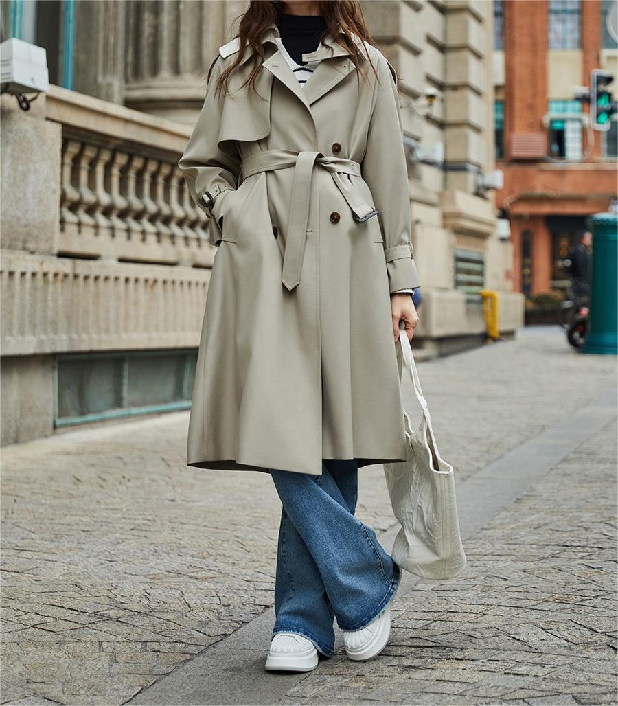 Women's Trench Coat - Double-Breasted - Belted Waist - Knee-Length - Classic Style