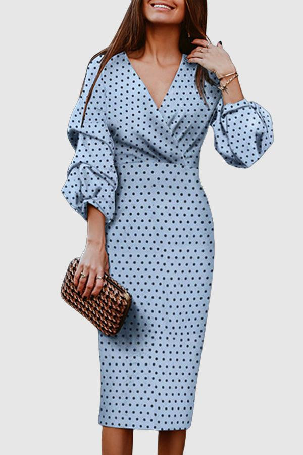 Women's Polka Dot Dress - V-Neck - Puff Sleeve - Fitted Midi Elegant Style