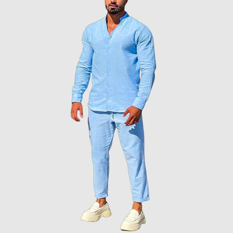 Men’s Slim Fit Linen Set - Long Sleeve Button-Up Shirt & Straight-Leg Trousers