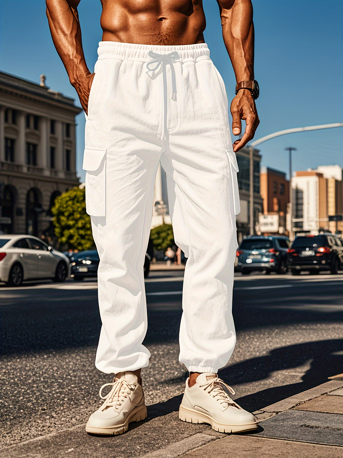 Cotton linen cargo pants for men