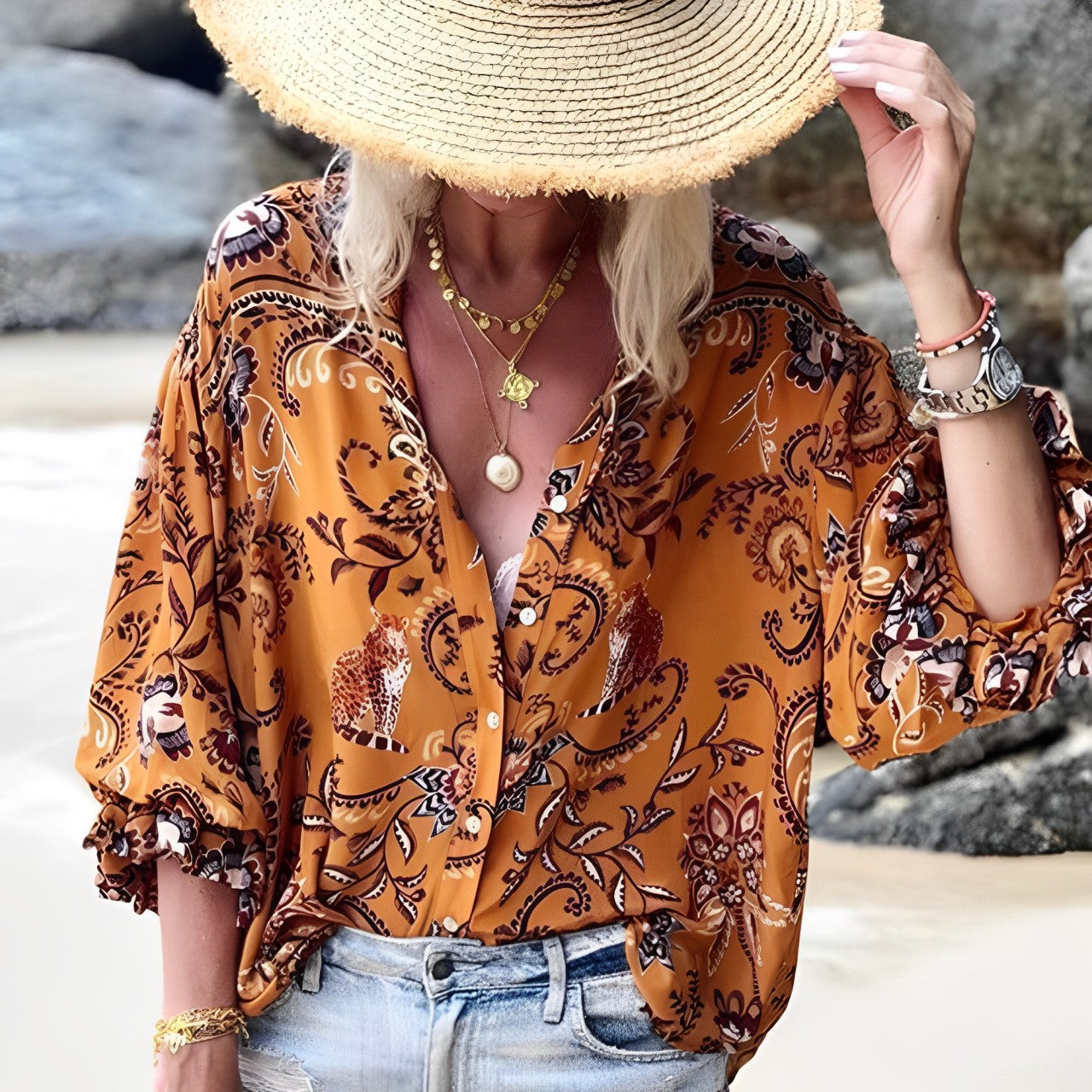 Zoey - nature print loose boho blouse