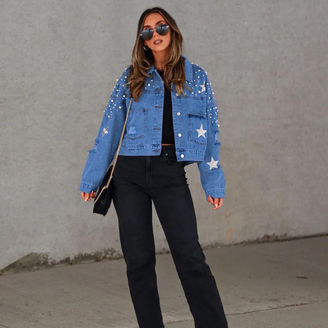 Women's pearl-embellished denim jacket for a statement look