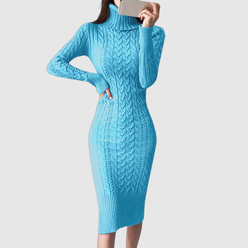 Women's Knitted Dress - Cable Knit - Turtleneck - Long Sleeve - Fitted Midi