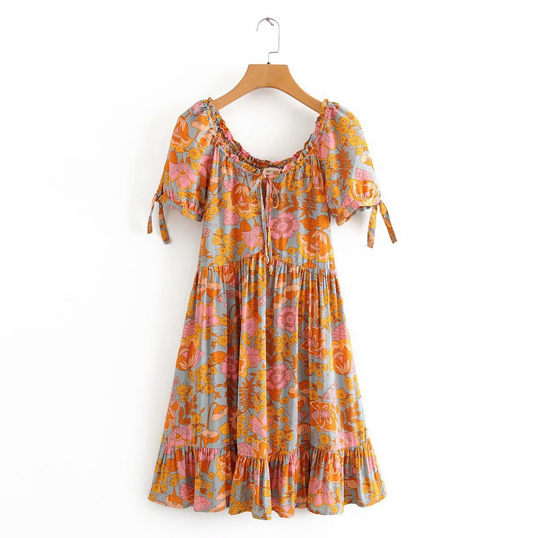 Women's Off-Shoulder Mini Dress - Floral Print - Puff Sleeves - Tiered Flowy Fit