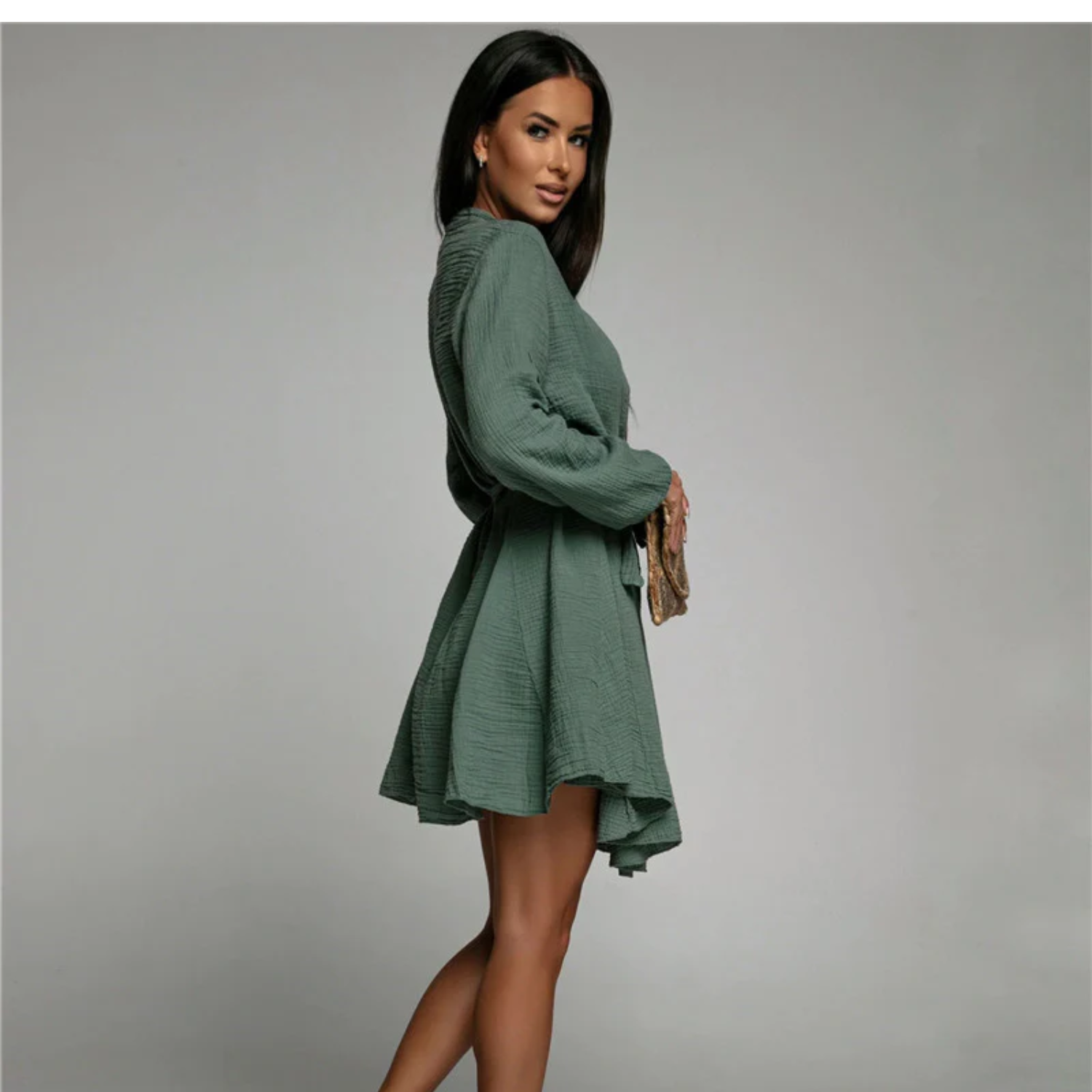 Women's Mini Dress - Fit-and-Flare - Long Sleeve - Asymmetrical Hem - Belted Waist