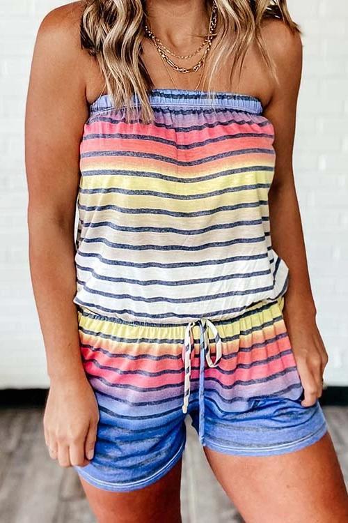 Women's Striped Off-Shoulder Romper with Colorblock Design