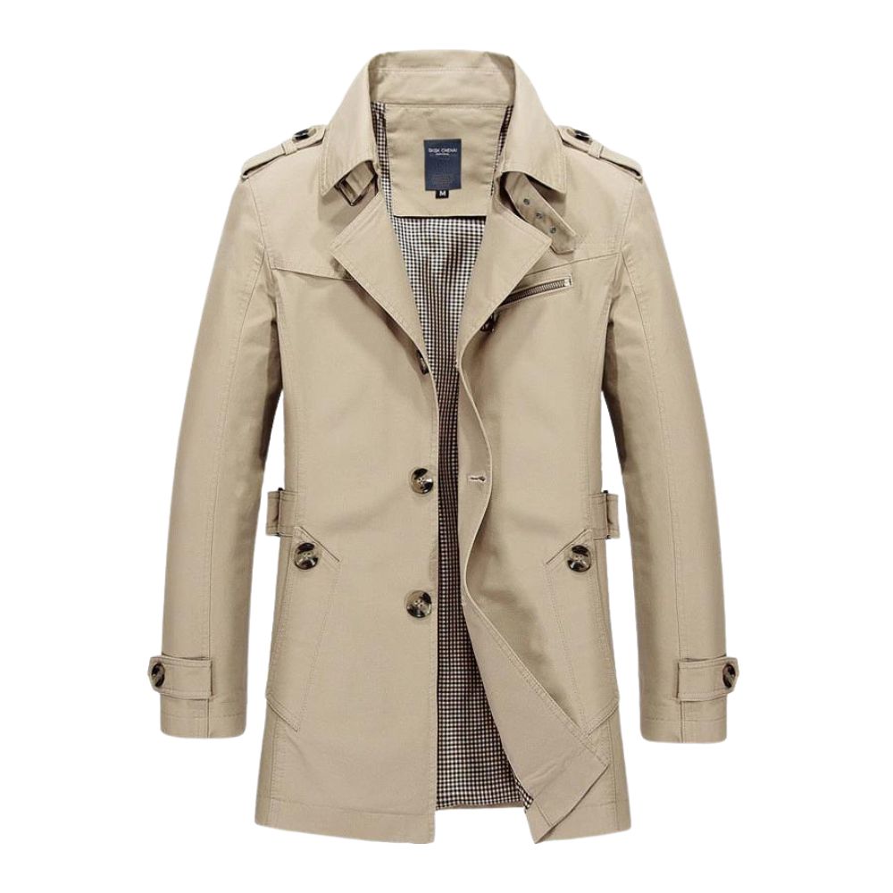 Men’s Trench Coat - Double-Breasted - Belted Waist - Notched Lapel - Water-Resistant