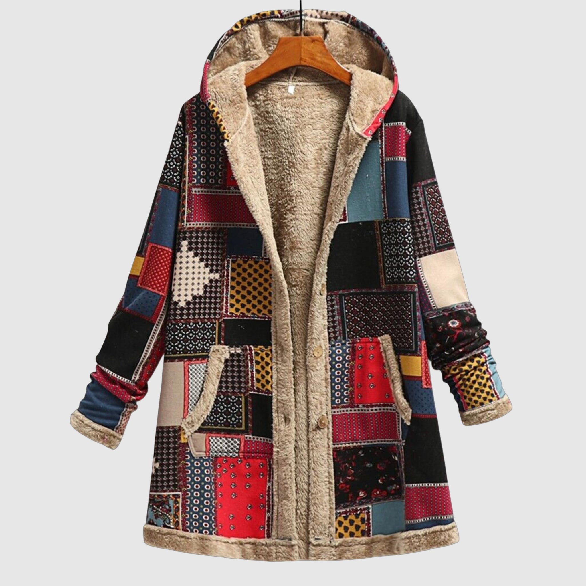 Women's patchwork fleece-lined hooded coat for cozy comfort