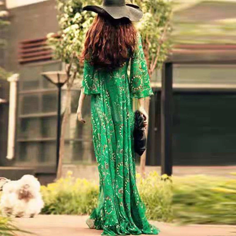 Women's green bohemian maxi dress with cutout detailing