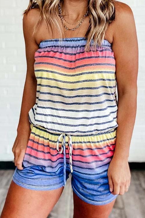 Women's Striped Off-Shoulder Romper with Colorblock Design