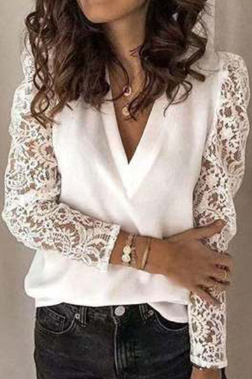 Lottie - slim fit splice lace long sleeve top with V-neck