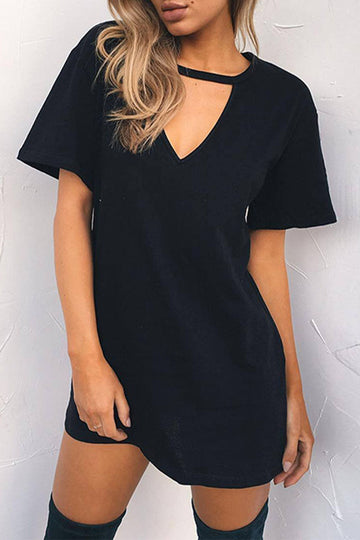 Women's T-Shirt Dress - V-Neck Choker Neckline - Short Sleeve Loose Fit Casual Wear