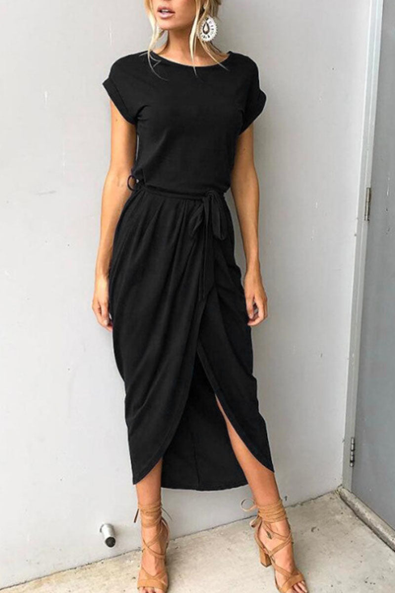 Women's Midi Dress - Short Sleeve - Wrap-Style Skirt - Belted Waist Elegant Fit