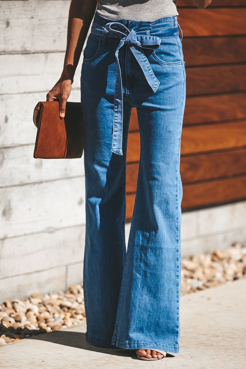 Leira - Street Plain Belted Boot Cut Solid Color Bottoms