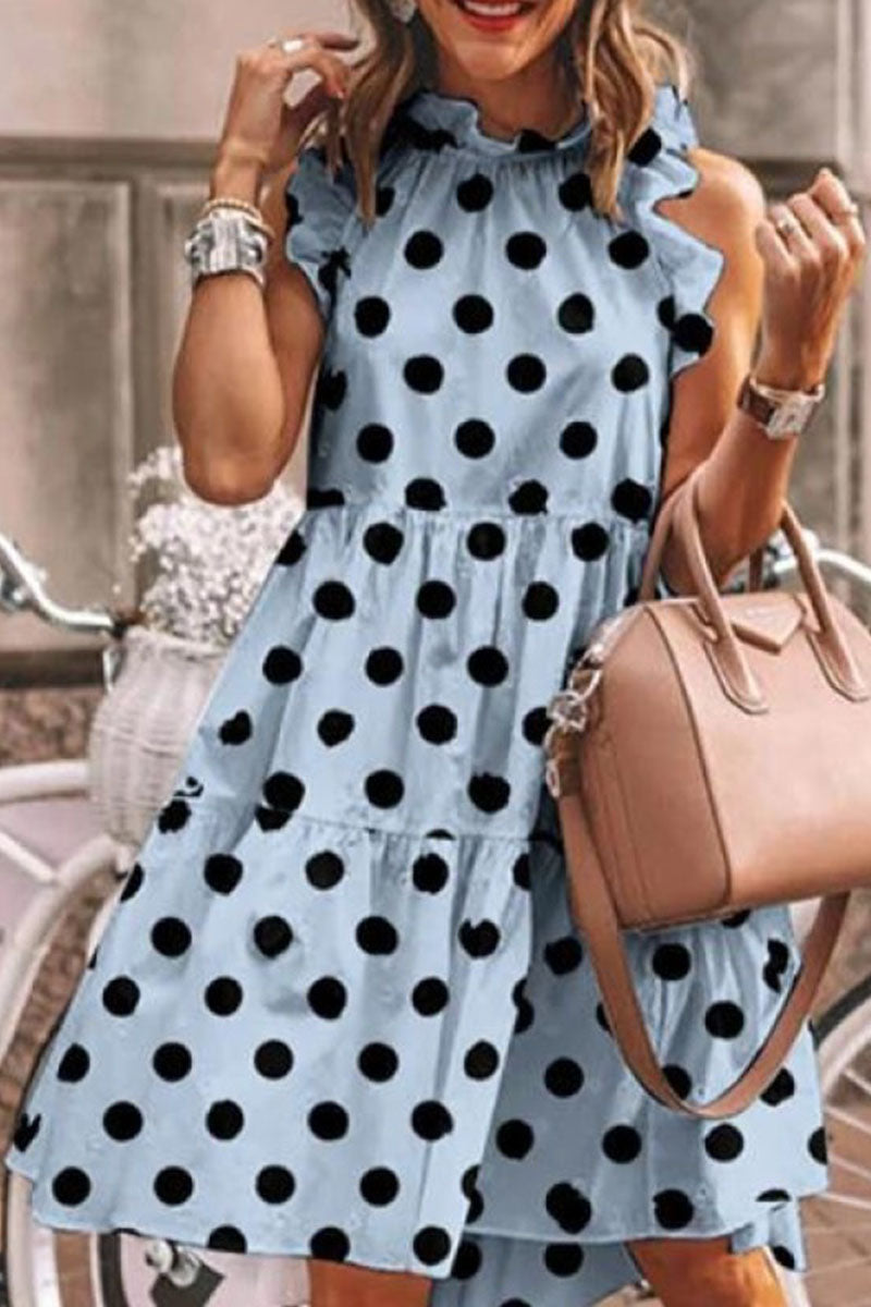 Women's Sleeveless Midi Dress - Polka Dot Print - Loose A-Line Tiered Design