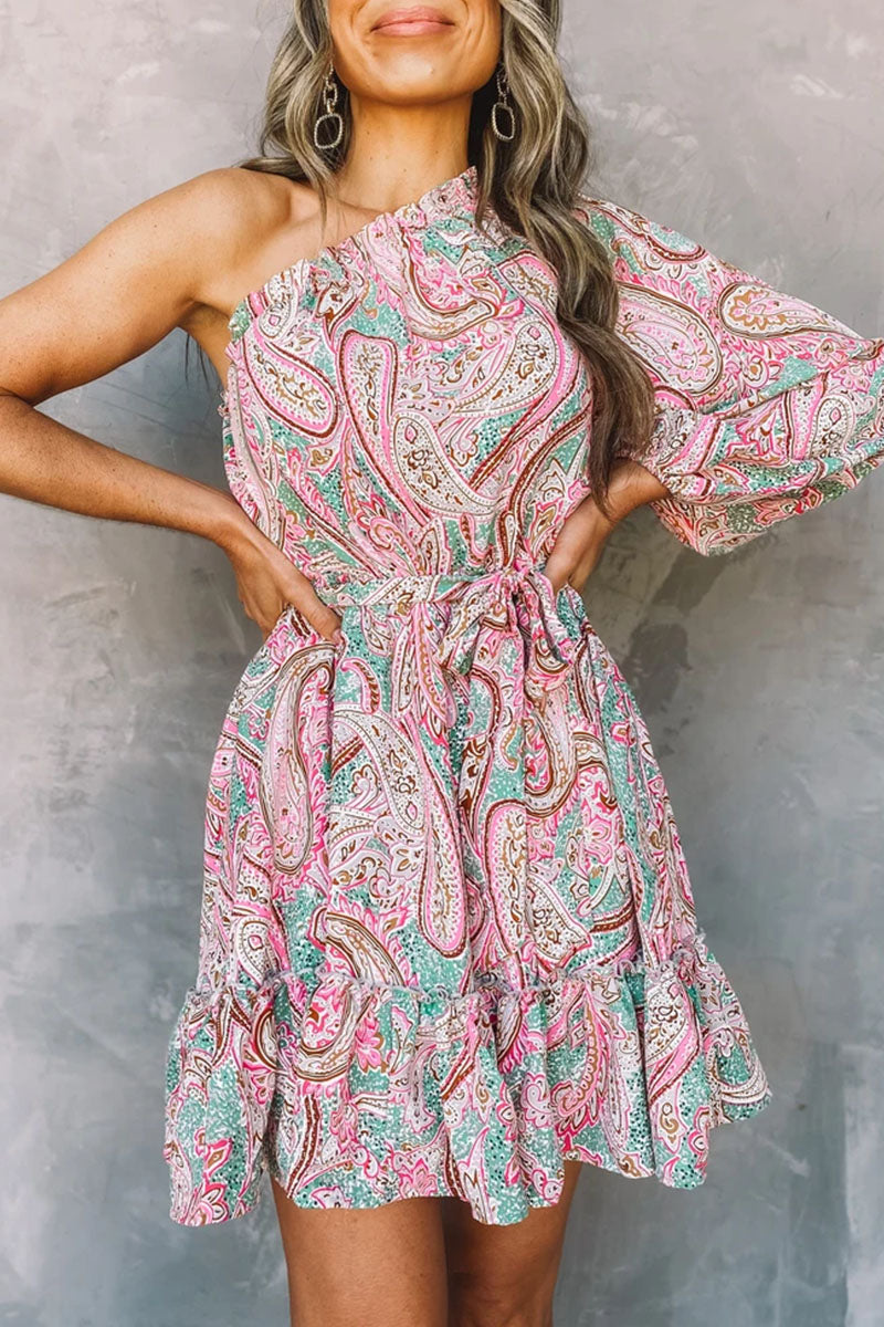 Women's One-Shoulder Mini Dress - Paisley Print - Belted Waist - Ruffled Hem