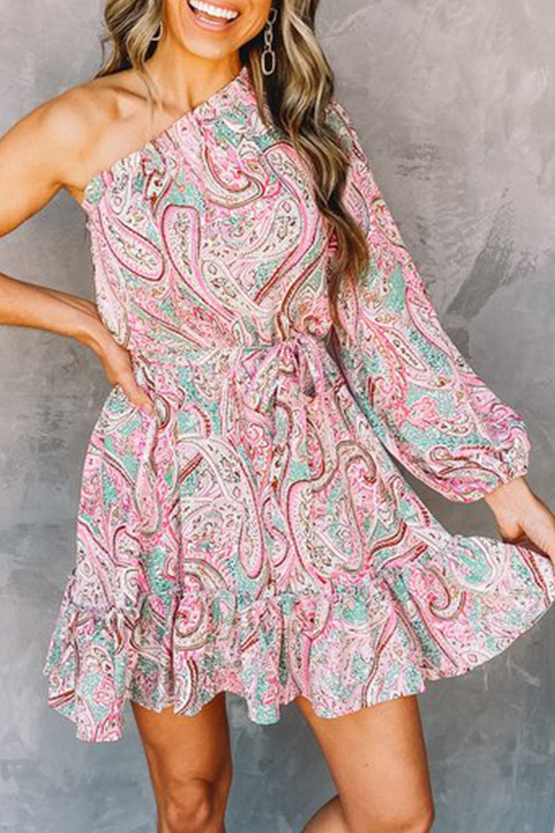 Women's One-Shoulder Mini Dress - Paisley Print - Belted Waist - Ruffled Hem