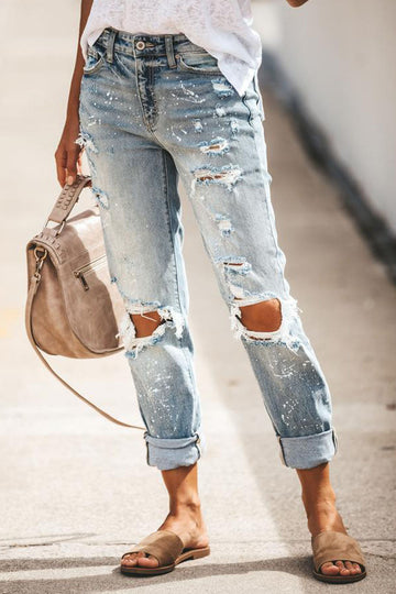 Liva - Fashion Street Solid Ripped Loose-Fit Denim Jeans